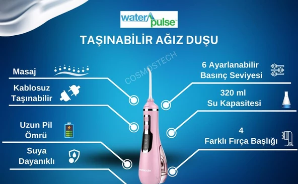 Waterpulse Water Flosser V500 Kablosuz Taşınabilir Ağız Duş Bakım Seti Pembe - 3