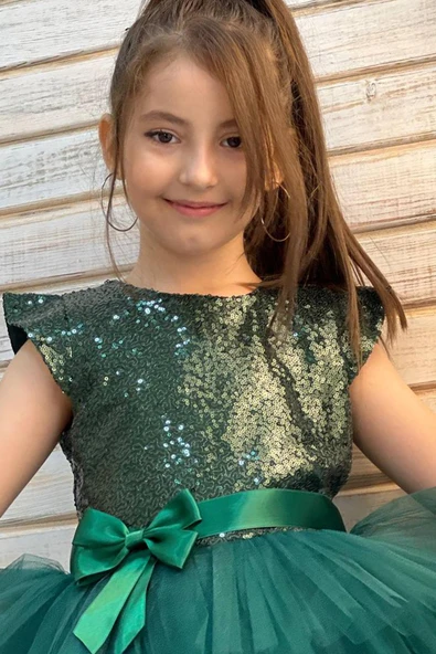 Kız Çocuk Üstü Pulpayet İşlemeli Katkat Yeşil Abiye 4-9 Yaş - Resim 5