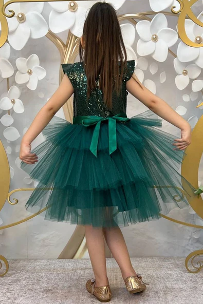 Kız Çocuk Üstü Pulpayet İşlemeli Katkat Yeşil Abiye 4-9 Yaş - Resim 3