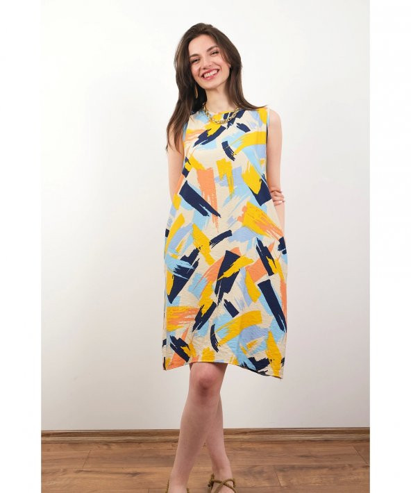 Desenli Aerobin Kumaş Çok Renkli Sıfır Kol Elbise - 2