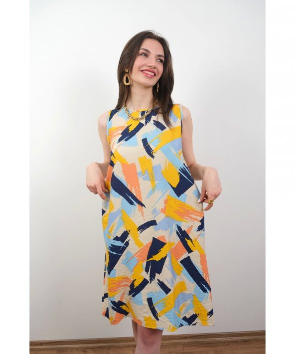 Desenli Aerobin Kumaş Çok Renkli Sıfır Kol Elbise - 3