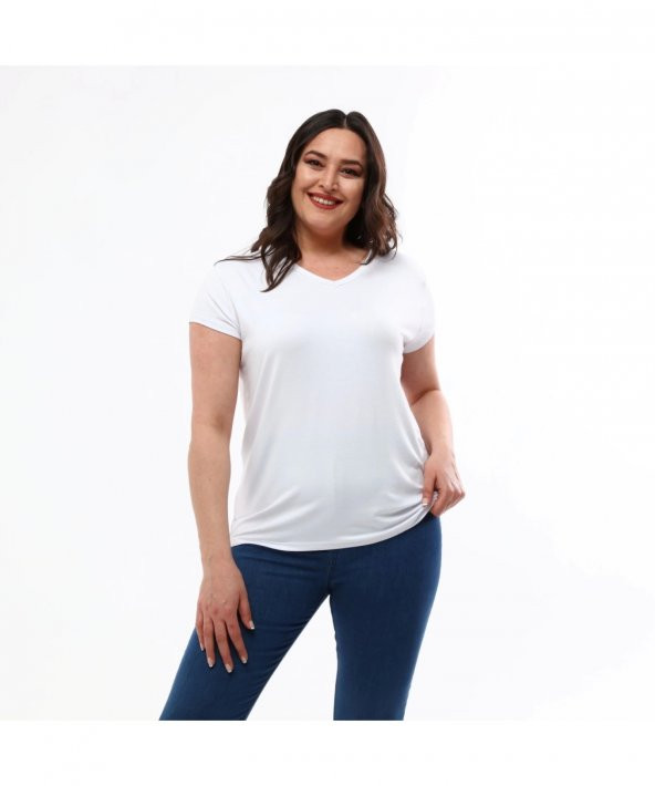 Basic V Yaka Viskoze Pamuk Karışım Beyaz Tişört - 2