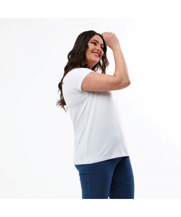 Basic V Yaka Viskoze Pamuk Karışım Beyaz Tişört - 4