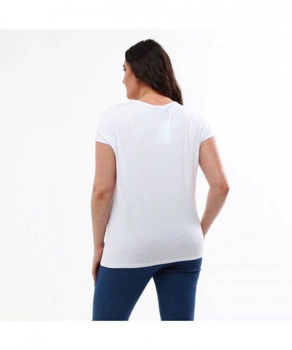 Basic V Yaka Viskoze Pamuk Karışım Beyaz Tişört - 5