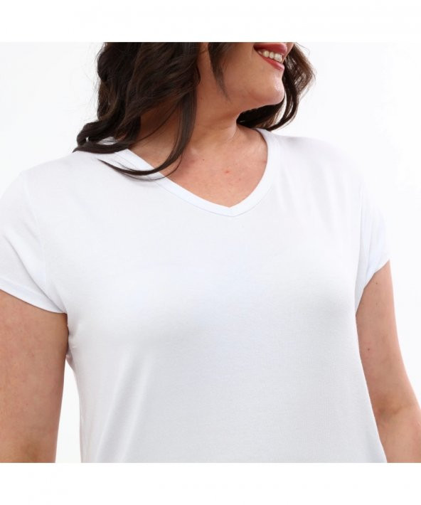 Basic V Yaka Viskoze Pamuk Karışım Beyaz Tişört - 6