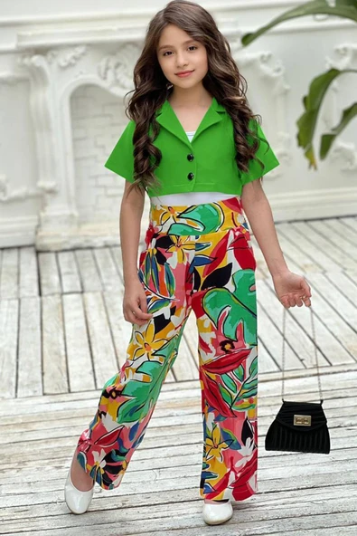 Kız Çocuk Kısa Kollu Blazer Ceketli Yaprak Desenli Yeşil Alt Üst Takım 4-14 Yaş - Resim 4