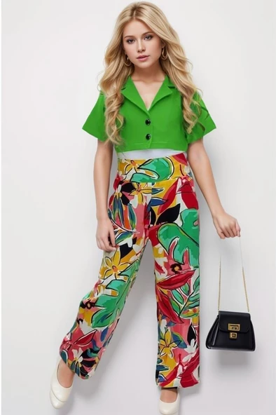 Kız Çocuk Kısa Kollu Blazer Ceketli Yaprak Desenli Yeşil Alt Üst Takım 4-14 Yaş ürün görseli