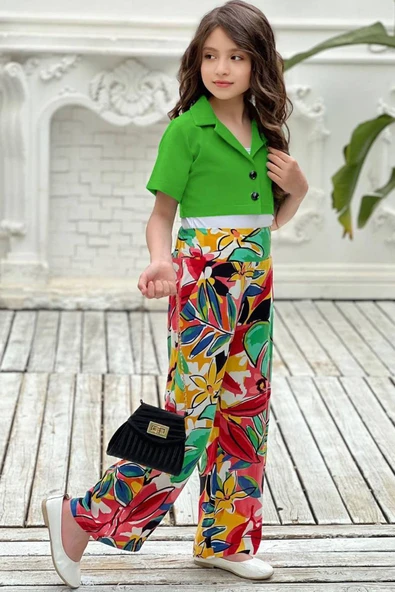 Kız Çocuk Kısa Kollu Blazer Ceketli Yaprak Desenli Yeşil Alt Üst Takım 4-14 Yaş - Resim 8