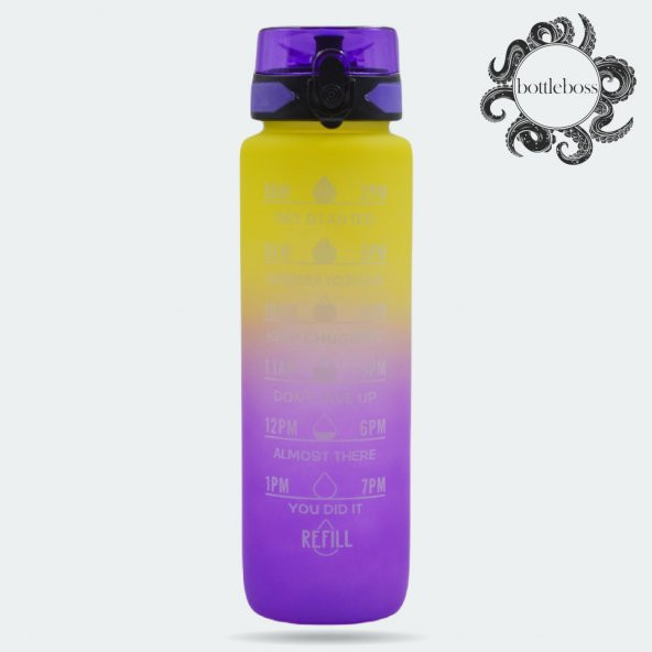 BottleBoss Renk Geçişli Sızdırmaz Kapak Motivasyon Matarası 1 Litre Sticker HEDİYELİ Mor