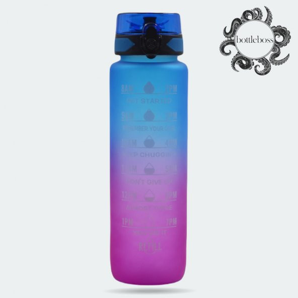 BottleBoss Renk Geçişli Sızdırmaz Kapak Motivasyon Matarası 1 Litre Sticker HEDİYELİ Mavi