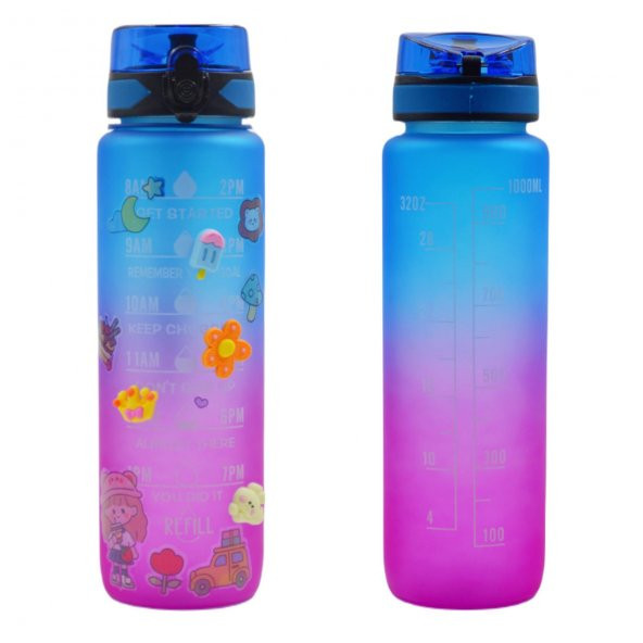 BottleBoss Renk Geçişli Sızdırmaz Kapak Motivasyon Matarası 1 Litre Sticker HEDİYELİ Mavi - 6