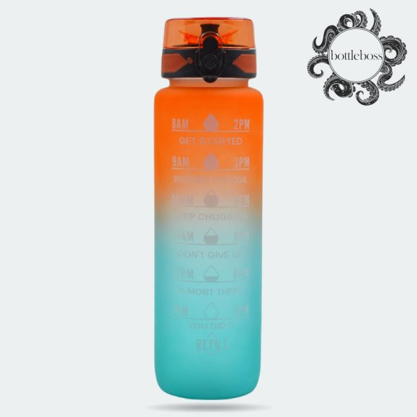 BottleBoss Renk Geçişli Sızdırmaz Kapak Motivasyon Matarası 1 Litre Sticker HEDİYELİ Turuncu