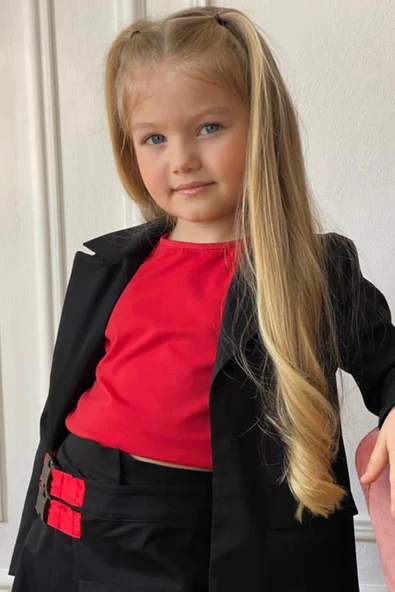 Kız Çocuk Sıfır Kol Bluzlu ve Çift Kemer Detaylı Kırmızı Etekli Takım - 3