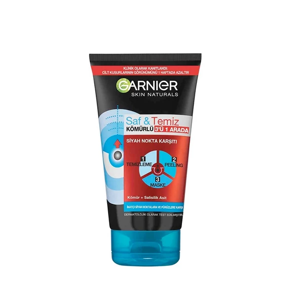 Garnier Skin Naturals 3 ü 1 Arada Kömürlü Temizleme + Peeling Maske 150ml