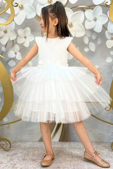 Kız Çocuk Üstü Pulpayet İşlemeli Katkat Beyaz Abiye 4-7 Yaş - Resim 4