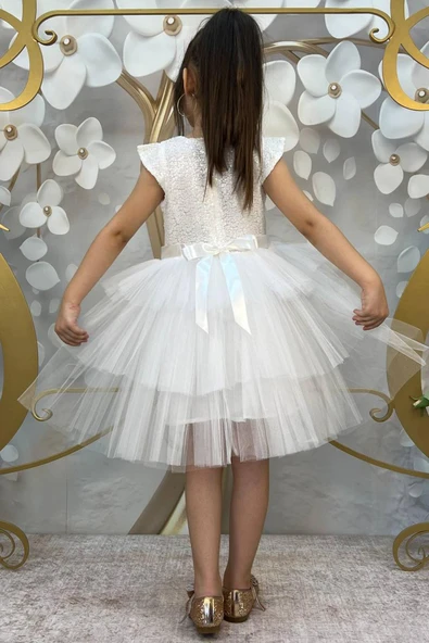 Kız Çocuk Üstü Pulpayet İşlemeli Katkat Beyaz Abiye 4-7 Yaş - Resim 6