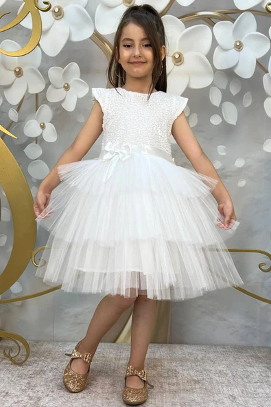 Kız Çocuk Üstü Pulpayet İşlemeli Katkat Beyaz Abiye 4-7 Yaş - Resim 2