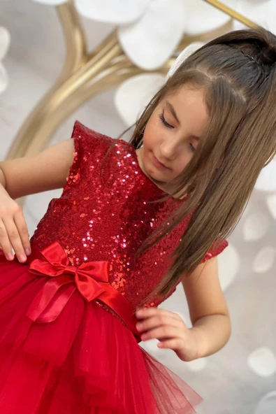 Kız Çocuk Üstü Pulpayet İşlemeli Katkat Kırmızı Abiye 4-7 Yaş - Resim 5