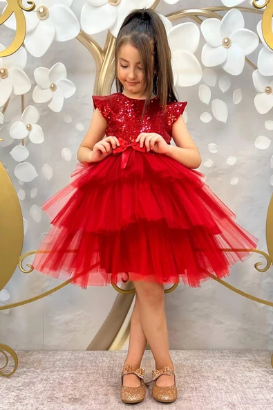 Kız Çocuk Üstü Pulpayet İşlemeli Katkat Kırmızı Abiye 4-7 Yaş - Resim 4