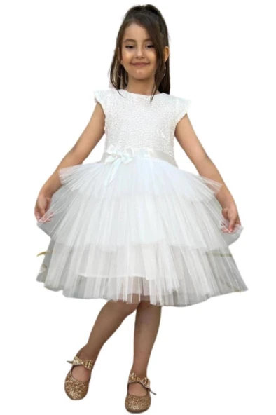 Kız Çocuk Üstü Pulpayet İşlemeli Katkat Beyaz Abiye 4-7 Yaş ürün görseli