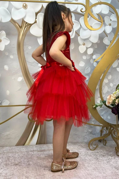 Kız Çocuk Üstü Pulpayet İşlemeli Katkat Kırmızı Abiye 4-7 Yaş - Resim 3