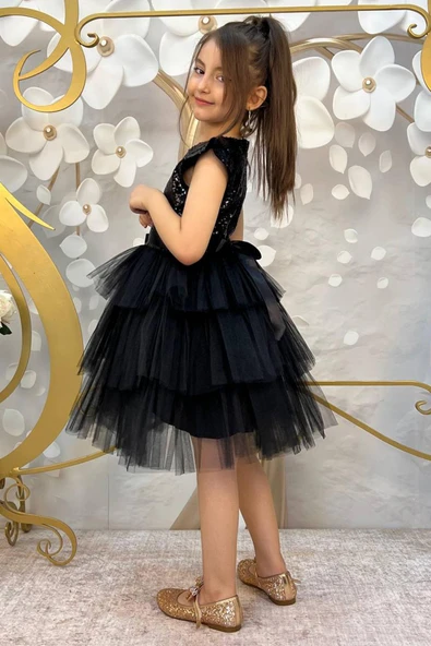 Kız Çocuk Üstü Pulpayet İşlemeli Katkat Siyah Abiye 4-7 Yaş - Resim 4