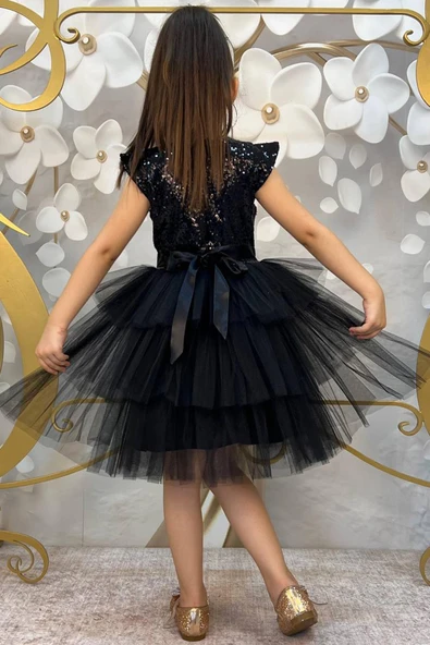 Kız Çocuk Üstü Pulpayet İşlemeli Katkat Siyah Abiye 4-7 Yaş - Resim 3