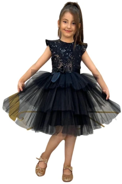 Kız Çocuk Üstü Pulpayet İşlemeli Katkat Siyah Abiye 4-7 Yaş ürün görseli