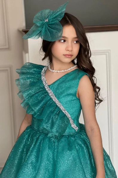 Kız Çocuk Yakası Fırfır Detaylı Taş İşlemeli Simli Turkuaz Abiye - Resim 3