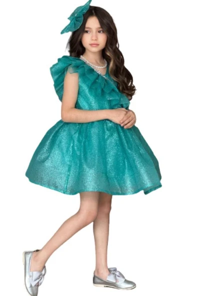 Kız Çocuk Yakası Fırfır Detaylı Taş İşlemeli Simli Turkuaz Abiye ürün görseli