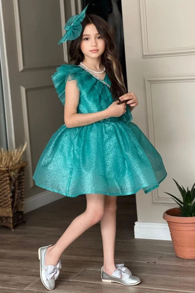 Kız Çocuk Yakası Fırfır Detaylı Taş İşlemeli Simli Turkuaz Abiye - Resim 5