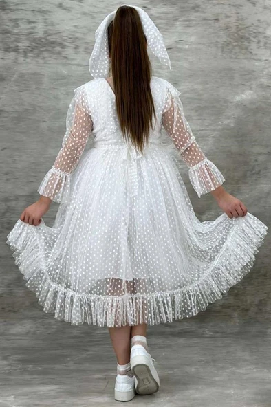 Kız Çocuk Güpür Detaylı Yakası Fırfırlı Puantiyeli Eteği Kabarık Tüllü Beyaz Abiye - Resim 2