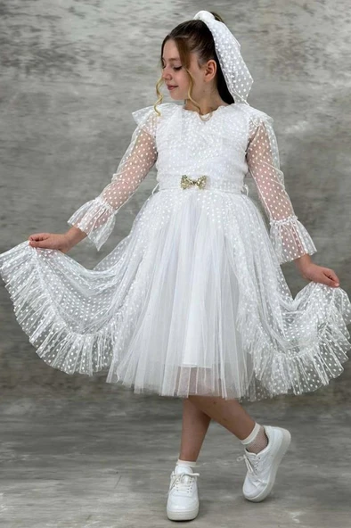 Kız Çocuk Güpür Detaylı Yakası Fırfırlı Puantiyeli Eteği Kabarık Tüllü Beyaz Abiye - Resim 4