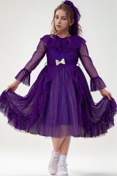 Kız Çocuk Güpür Detaylı Yakası Fırfırlı Puantiyeli Eteği Kabarık Tüllü Mor Abiye ürün görseli