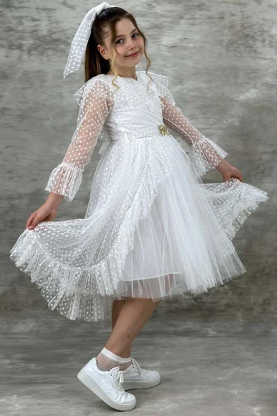 Kız Çocuk Güpür Detaylı Yakası Fırfırlı Puantiyeli Eteği Kabarık Tüllü Beyaz Abiye - Resim 3