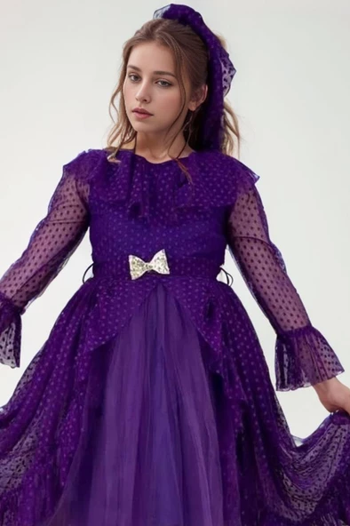 Kız Çocuk Güpür Detaylı Yakası Fırfırlı Puantiyeli Eteği Kabarık Tüllü Mor Abiye - Resim 3