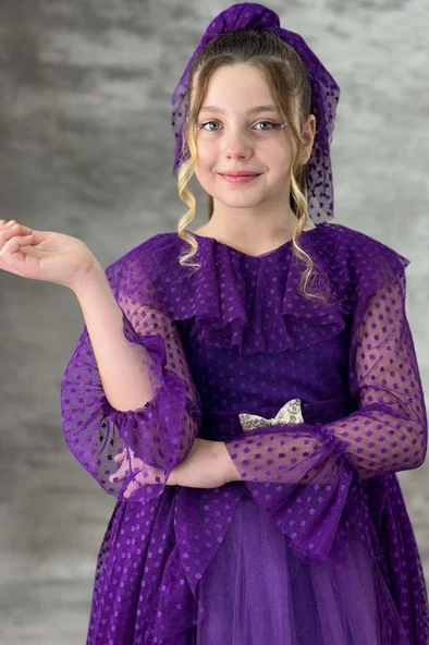 Kız Çocuk Güpür Detaylı Yakası Fırfırlı Puantiyeli Eteği Kabarık Tüllü Mor Abiye - Resim 6