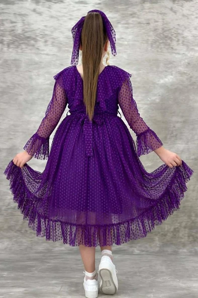 Kız Çocuk Güpür Detaylı Yakası Fırfırlı Puantiyeli Eteği Kabarık Tüllü Mor Abiye - Resim 5