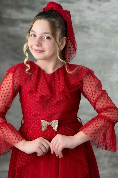 Kız Çocuk Güpür Detaylı Yakası Fırfırlı Puantiyeli Eteği Kabarık Tüllü Kırmızı Abiye - Resim 3