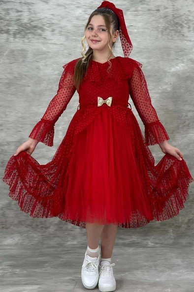 Kız Çocuk Güpür Detaylı Yakası Fırfırlı Puantiyeli Eteği Kabarık Tüllü Kırmızı Abiye ürün görseli