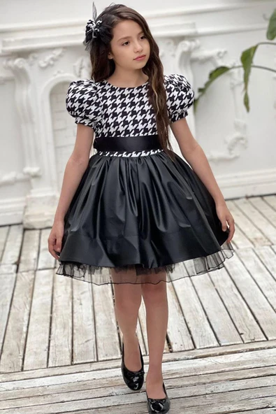 Kız Çocuk Balon Kollu Kazayağı Desenli Deri Etekli Tül Detaylı Siyah Elbise 2-12 Yaş - Resim 5