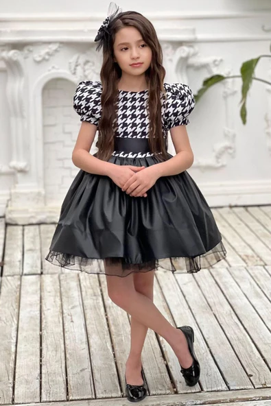 Kız Çocuk Balon Kollu Kazayağı Desenli Deri Etekli Tül Detaylı Siyah Elbise 2-12 Yaş - Resim 6