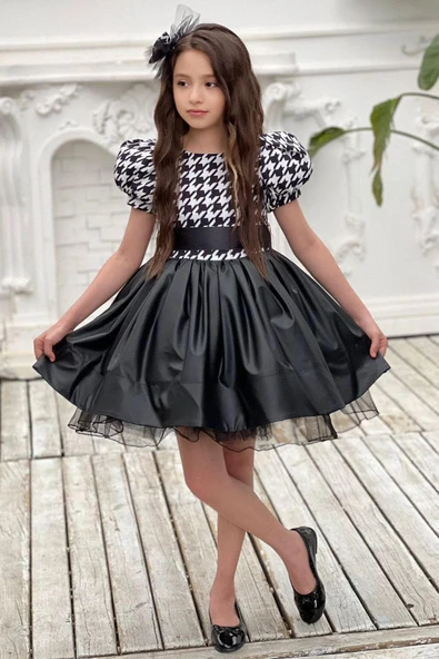 Kız Çocuk Balon Kollu Kazayağı Desenli Deri Etekli Tül Detaylı Siyah Elbise 2-12 Yaş ürün görseli
