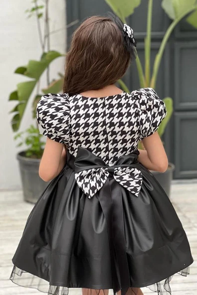 Kız Çocuk Balon Kollu Kazayağı Desenli Deri Etekli Tül Detaylı Siyah Elbise 2-12 Yaş - Resim 7