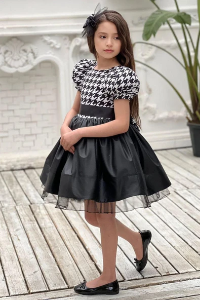 Kız Çocuk Balon Kollu Kazayağı Desenli Deri Etekli Tül Detaylı Siyah Elbise 2-12 Yaş - Resim 4
