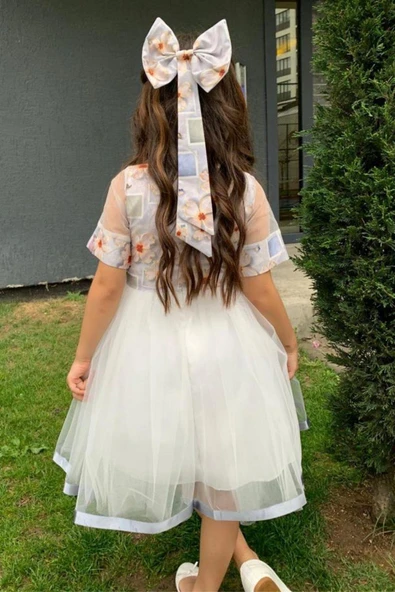 Kız Çocuk Etek Ucu Şerit Detaylı Tüllü Papatya Desenli Gri Elbise - 7