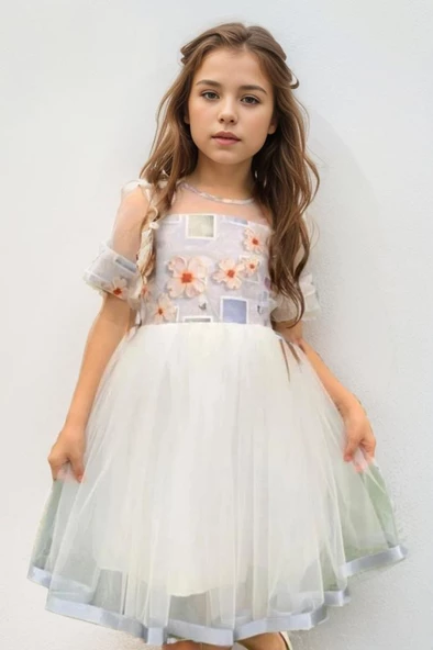 Kız Çocuk Etek Ucu Şerit Detaylı Tüllü Papatya Desenli Gri Elbise