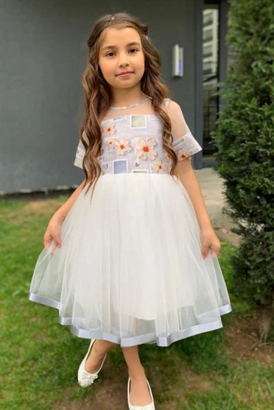 Kız Çocuk Etek Ucu Şerit Detaylı Tüllü Papatya Desenli Gri Elbise - 4