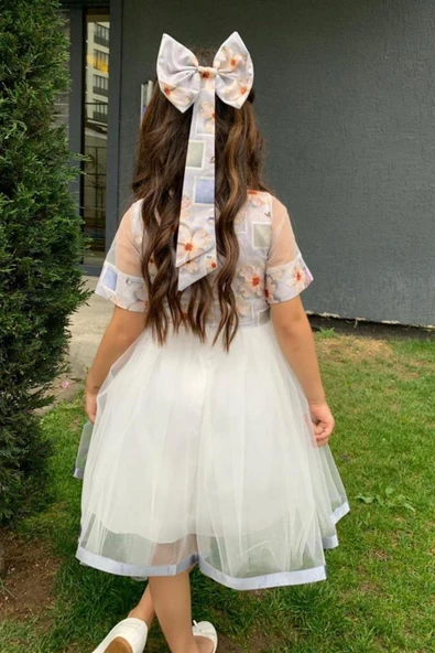 Kız Çocuk Etek Ucu Şerit Detaylı Tüllü Papatya Desenli Gri Elbise - 6