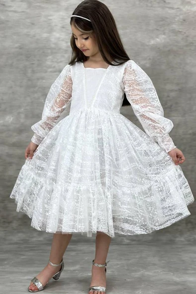 Kız Çocuk Kolları Transparan Yakası İnci Boncuklu Etek Ucu Fırfırlı Beyaz Abiye - Resim 4